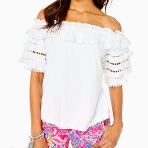 Lilly Pulitzer Brentwood White Off The Shoulder Top Relaxed Fit Sz XS